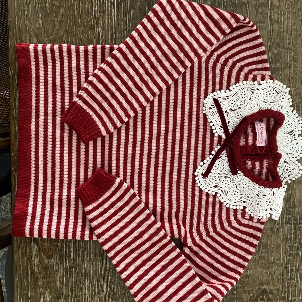 NWT La Coqueta Burgundy Striped Kids Sweater with Lace Collar